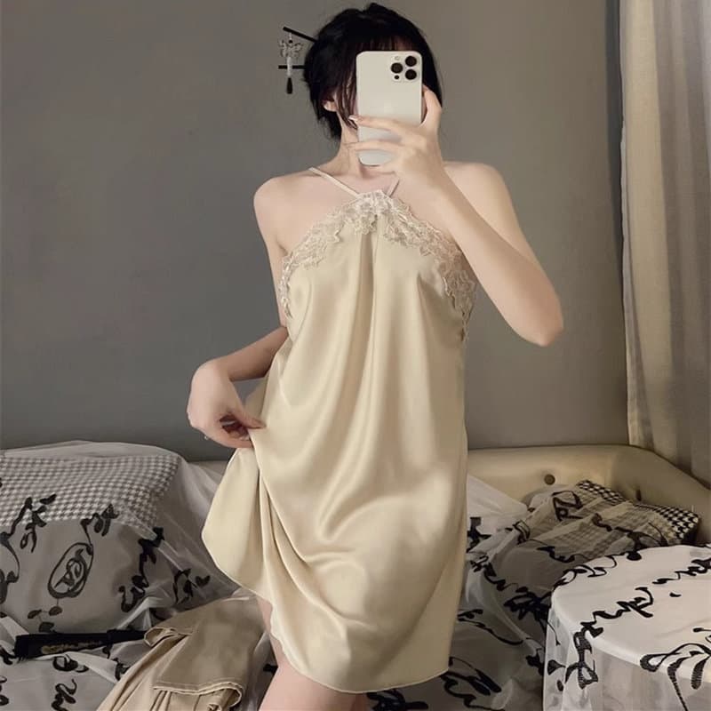 2025 New Silk Pajamas Women Summer Sexy Ice Silk Camisole Short Sleeve Two-Piece Nightgown Spring Autumn Thin Robe