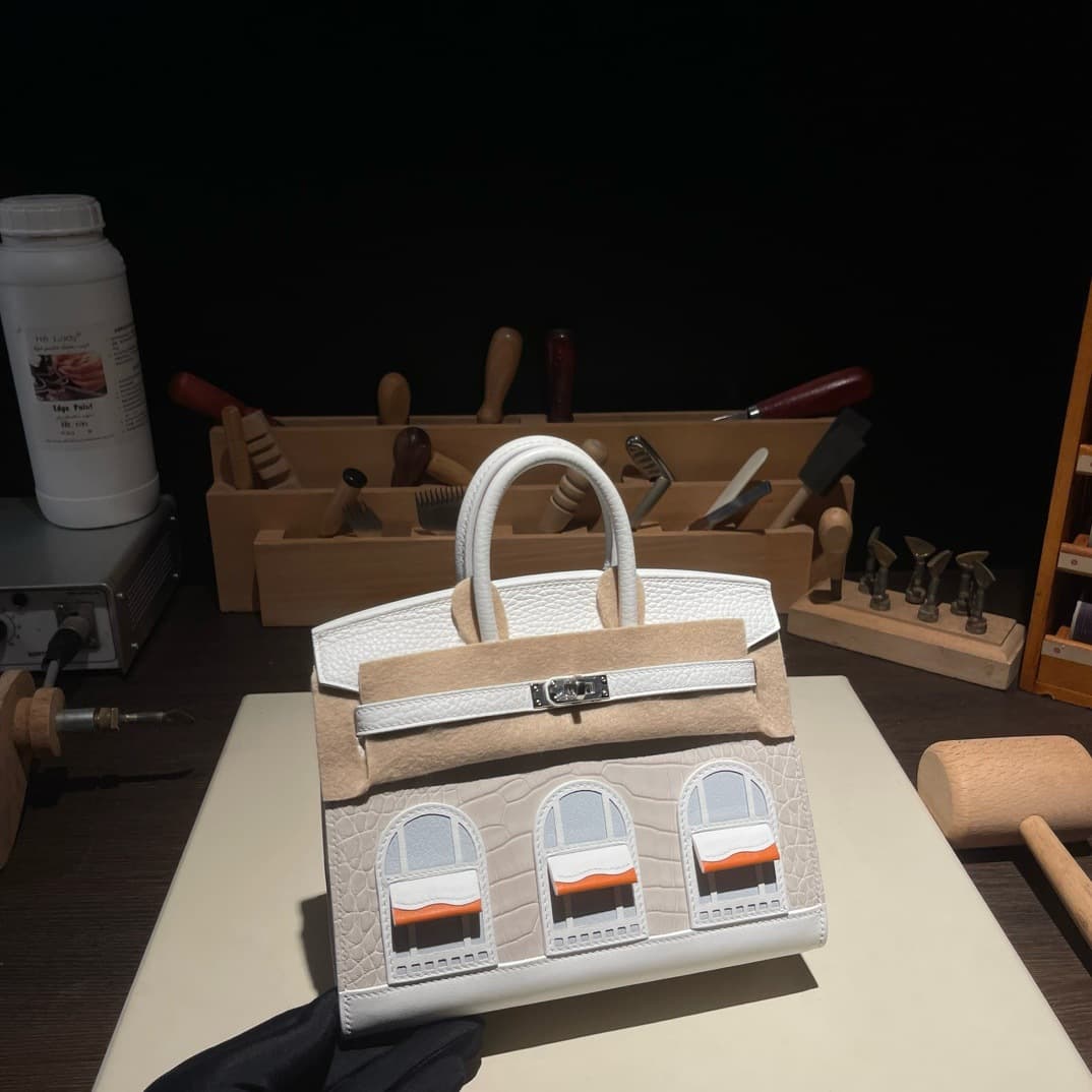 Fully hand-sewn BK20cm platinum bag three-dimensional white house bag spliced original American crocodile leather handbag for women