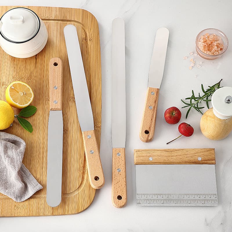 1.2mm Thick Stainless Steel Beech Wood Handle Cake Spatula, Cooking Turner, Flour Cutter, Egg Beater, Food Tongs Tool Set