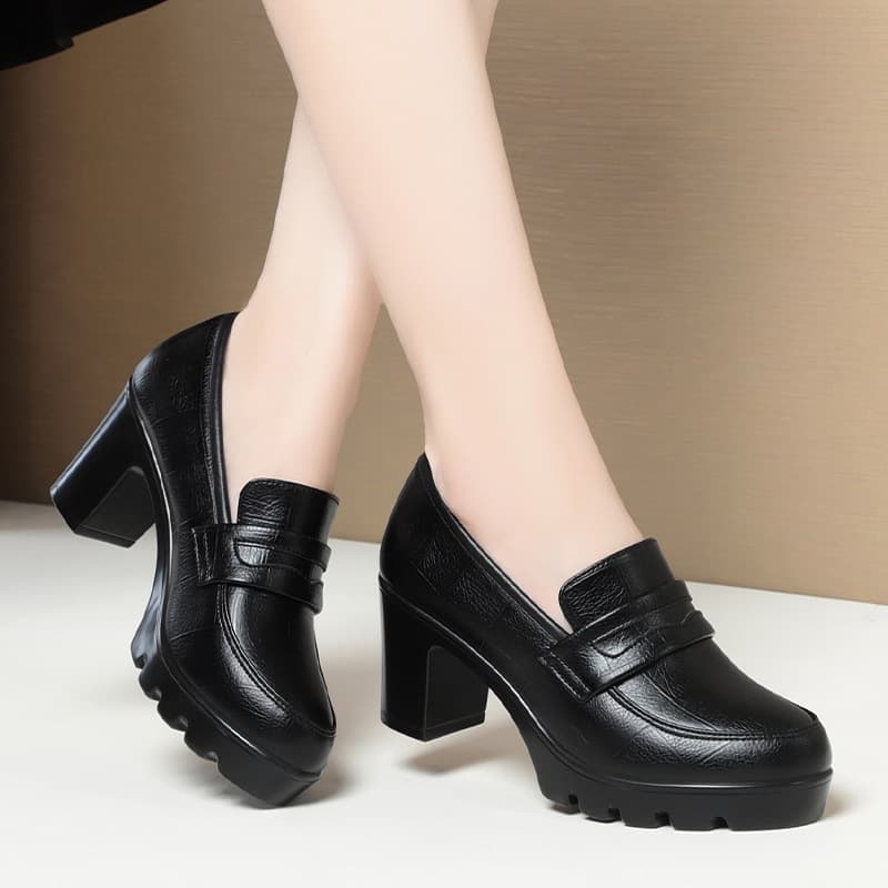 Women's High-Heeled Shoes 2025 New Spring Autumn Leather Shoes Versatile Deep-Cut Pumps Comfortable Thick-Soled Waterproof Platform Chunky Heel Women's Shoes