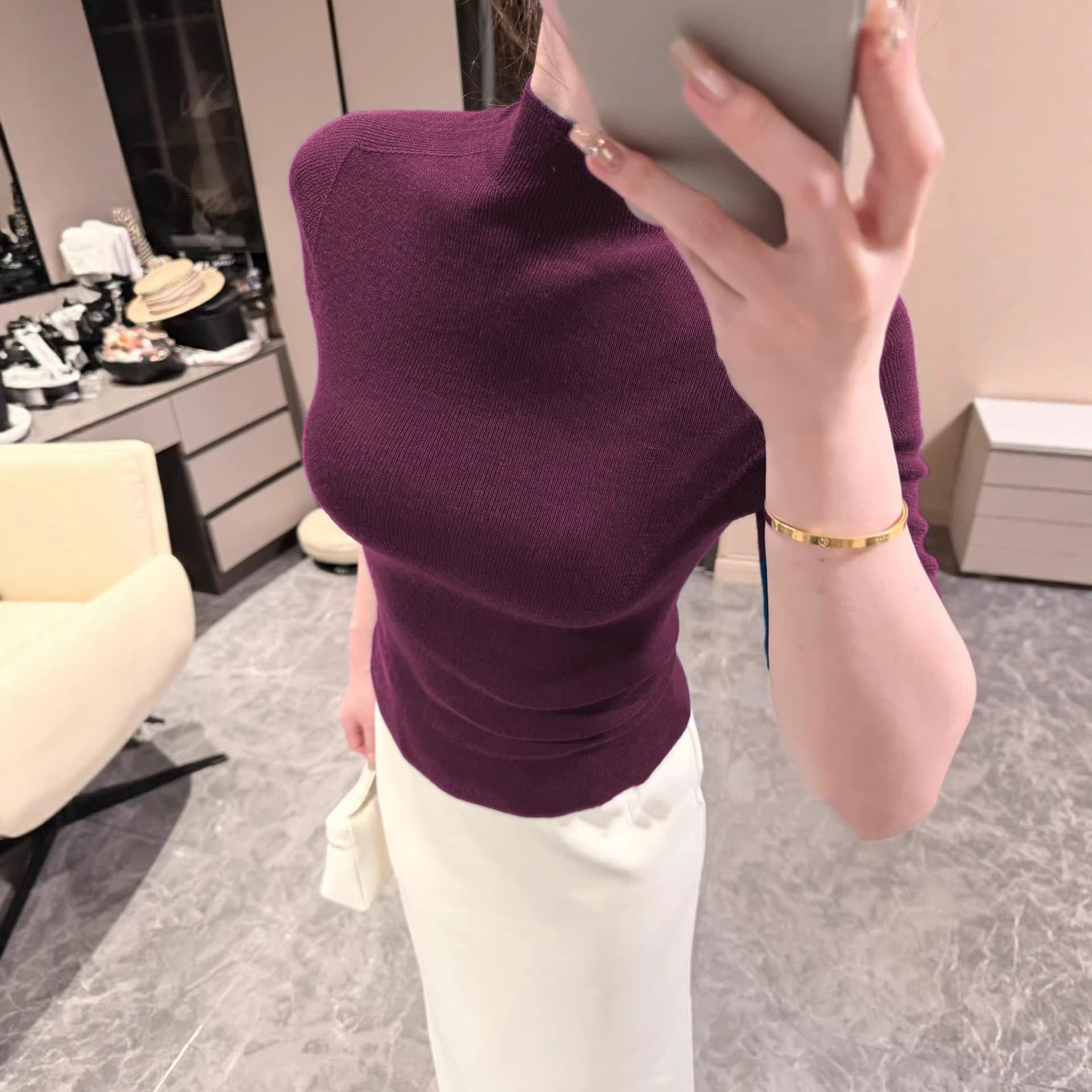 2026 Spring Autumn New Skin-Friendly Half High Neck Five-Sleeve Base Layer Top for Women, Tight Thin Knit Mid-Sleeve Elegant Top