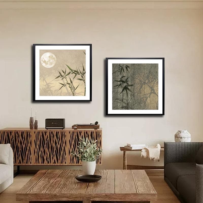 Modern Chinese Two-Panel Painting, Rising Success Living Room Background Decor, Wooden Frame Bedroom Mural Bamboo Leaves 40x40