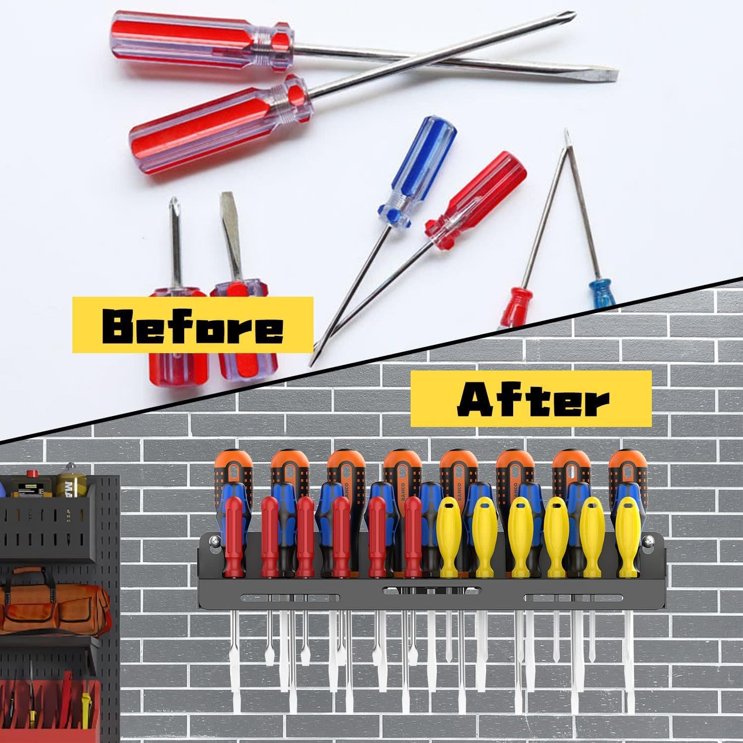 Wall-mounted screwdriver storage box, screwdriver rack and storage shelf, suitable for workshops, sheds, and garages.