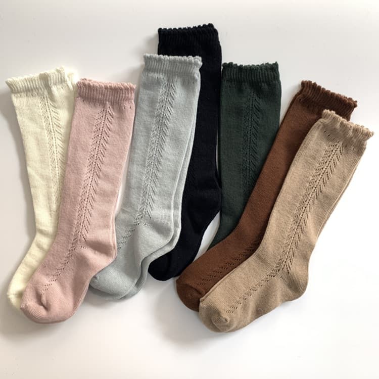 Spring Summer European American Spanish Style Hollow Out Solid Bubble Mouth Princess Mid-Calf Combed Cotton Socks for Toddlers and Children