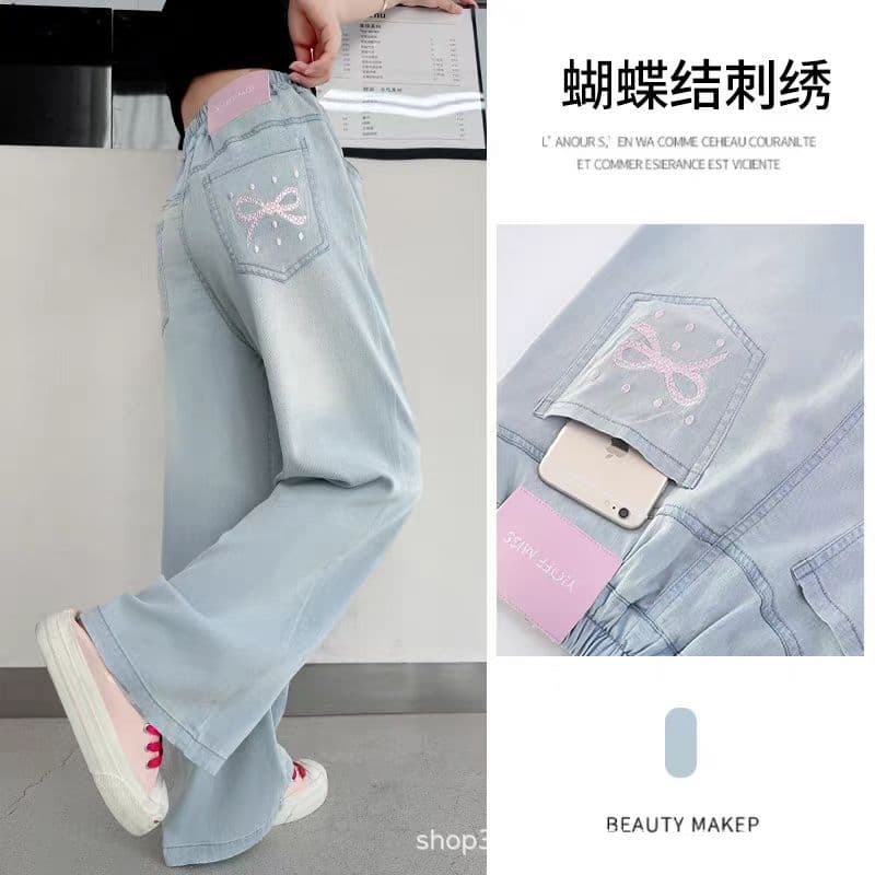 Girls' Tencel Jeans Summer Thin Style Anti-Mosquito Loose Korean Denim Pants for Older Kids Wide-Leg