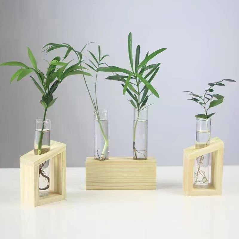 Simple Home Wooden Flower Stand Hydroponic Plant Holder Test Tube Glass Vase Decorative Wooden Flower Arrangement Stand