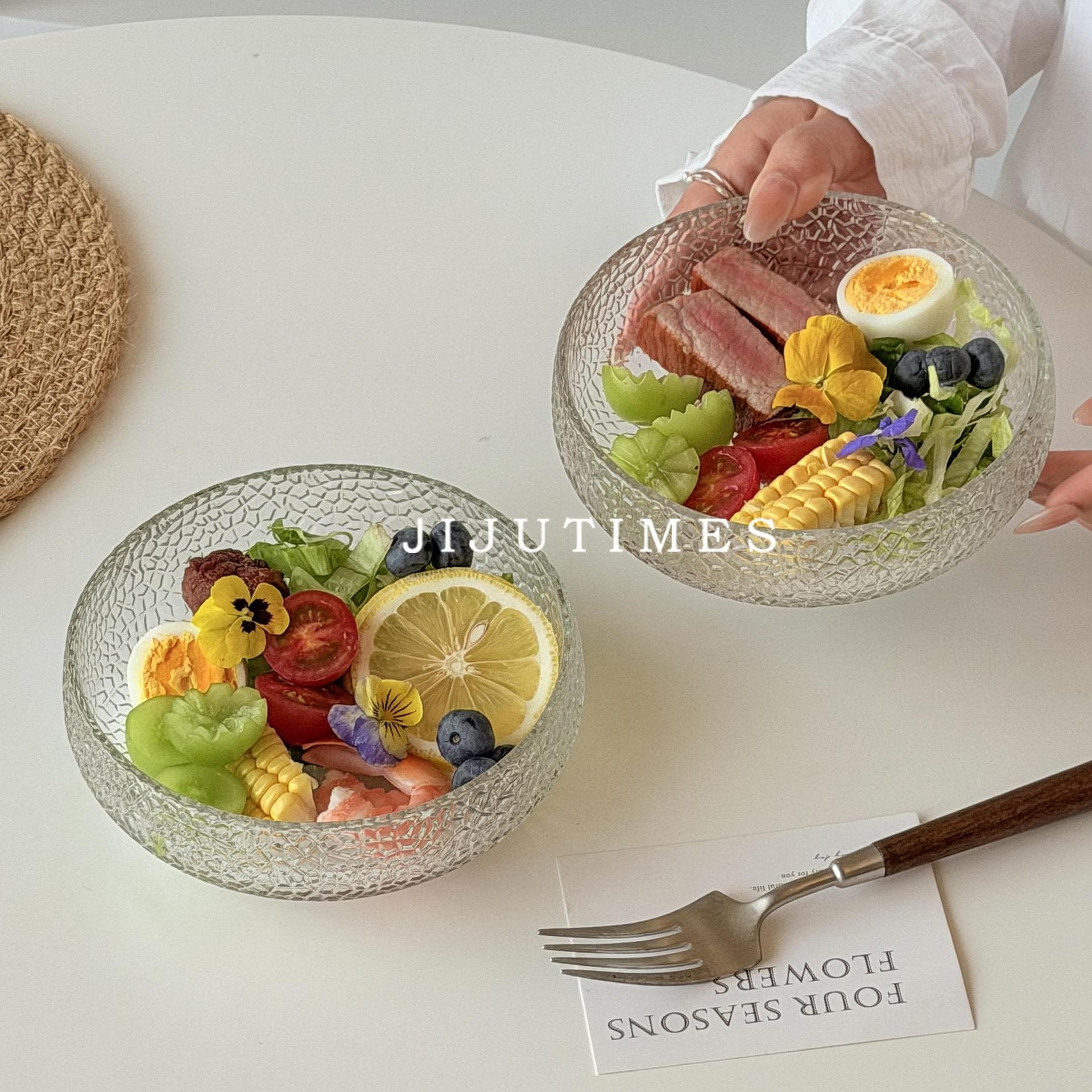 Japanese Hammered Glass Bowl Salad Bowl Household Fruit Dessert Bowl Premium Ice Cream Bowl Yogurt Cereal Breakfast Bowl