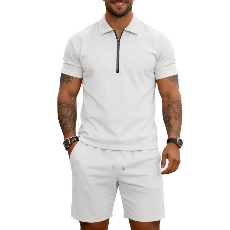 Cross-border Independent Station Summer Men's Loose Trendy Zipper Lapel Polo High Street Casual Short Sleeve Shorts Set