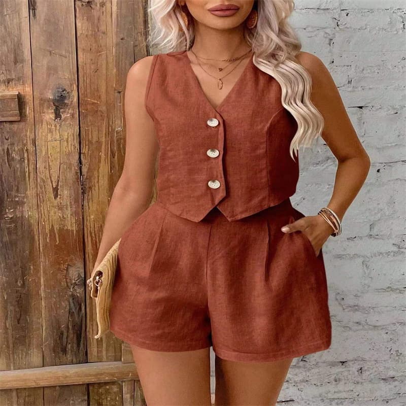 Women's Plus Size Solid Color Button Vest Set Two-Piece Outfit Pure Color Knitwear Comfortable Breathable Fashionable