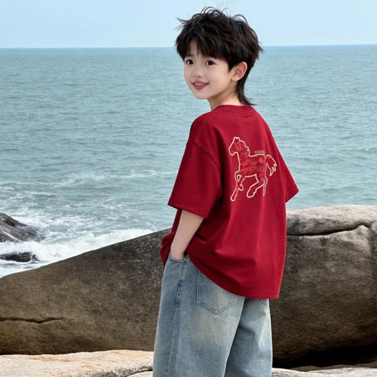 Year of the Horse Red Short Sleeve T-Shirt for Boys 2026 New Children's New Year Outfit Summer Undershirt