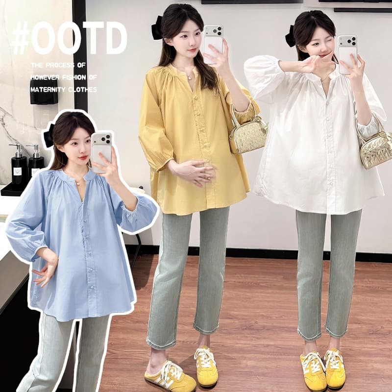 Maternity Blouse Fall Loose Fit Plus Size Korean Style Sweet Versatile Slimming Simple Fashion Button-Up Top for Women