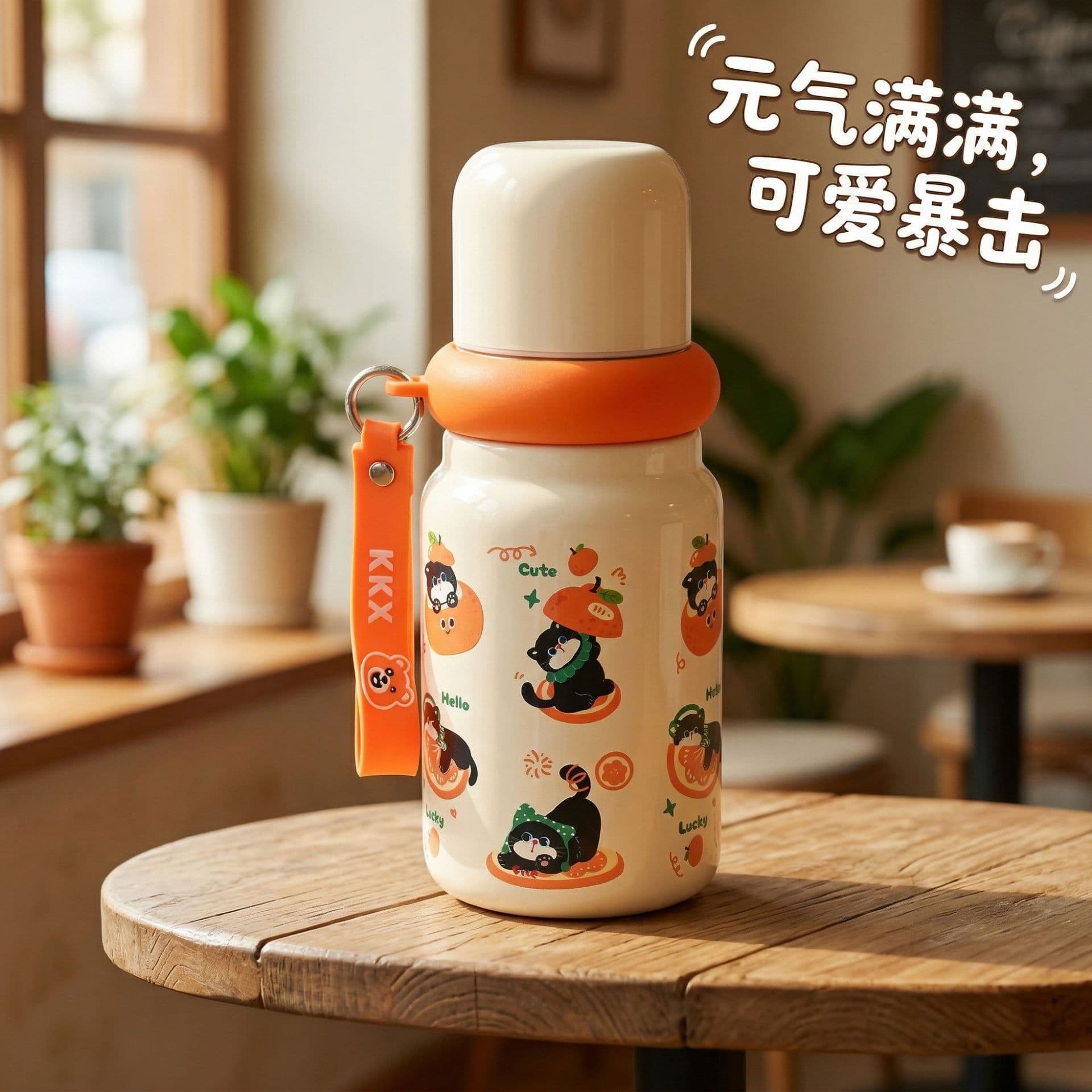 Cartoon cute thermos cup for students, portable stainless steel water cup, children's school carrying rope, anti-fall sports kettle