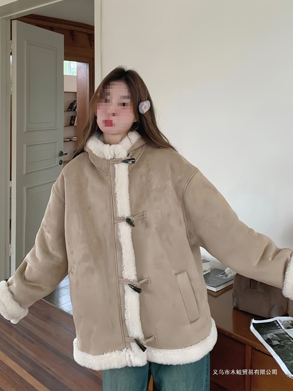2025 new style horn fur integrated hooded shearling jacket 2024 winter new style petite short suede