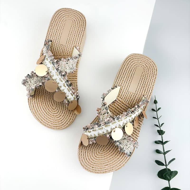 Xishuangbanna Wedge Heel Sandals for Women, Bohemian Ethnic Style, Summer Outdoor Flip Flops, Beach Shoes, Comfortable Slide Sandals