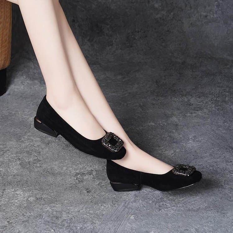 Hot style rhinestone square buckle single shoes for women 2026 summer new temperament round toe thick heel shallow mouth temperament versatile low heel shoes