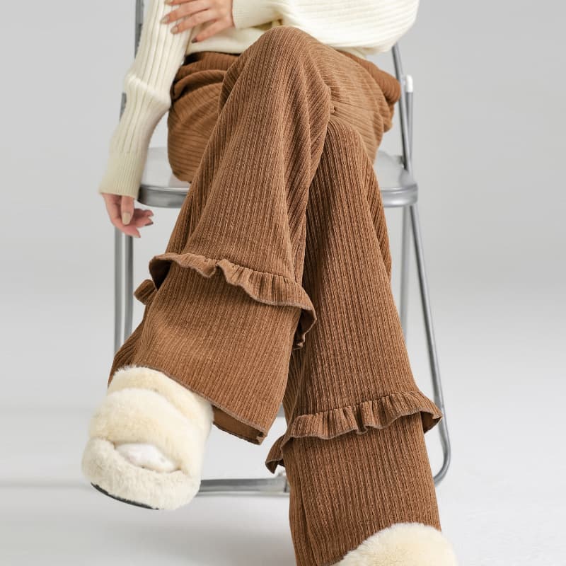 Brown Ruffle Hem Flared Pants Women 2025 Autumn Winter Design High Waist Slim Wide Leg Long Pants Wholesale
