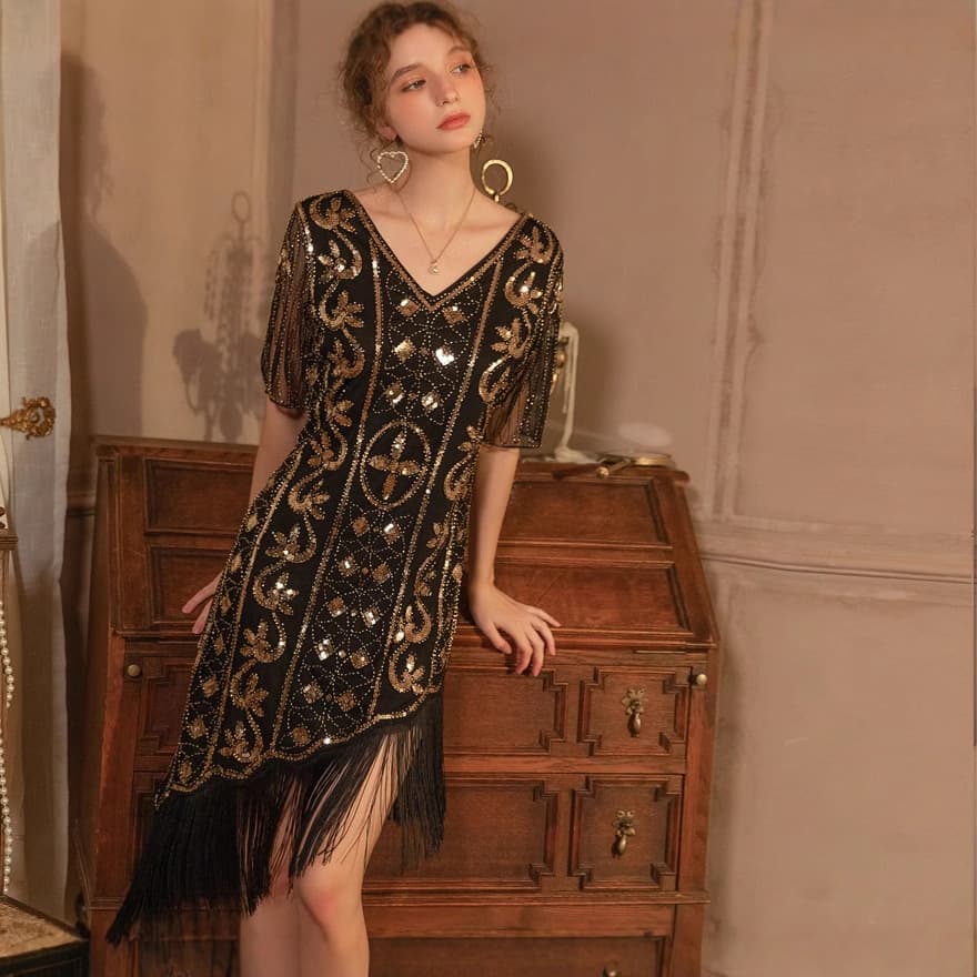 Cross-border New Retro Sequin Gatsby Ball Fringe Dress Evening Banquet Dance Dress Sexy Gown 8019