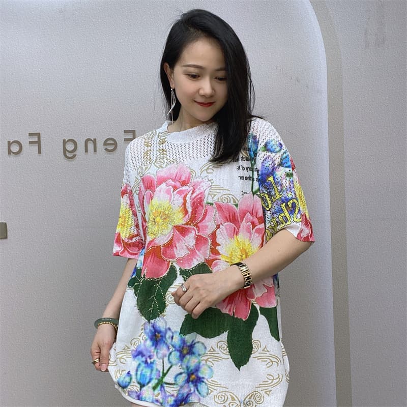 2026 Summer New Women's T-Shirt Short Sleeve Plus Size Top Cross-Border Wholesale Printed Knit Top