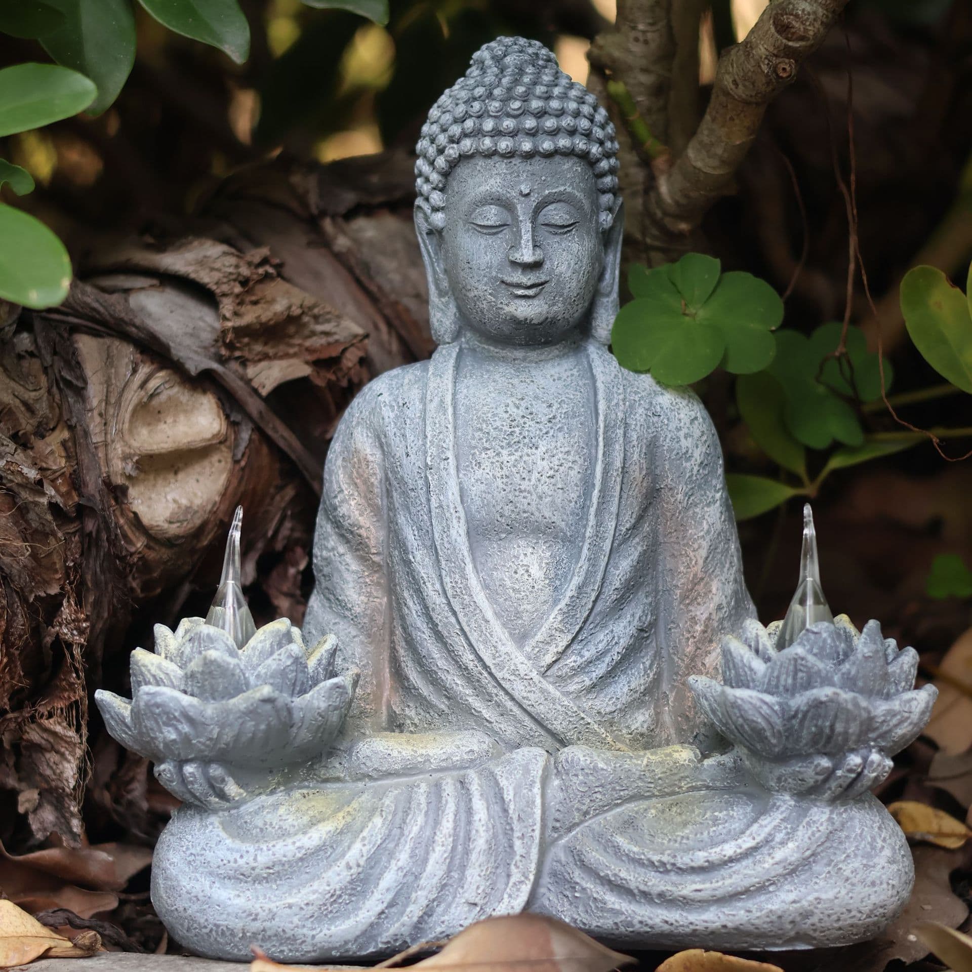 Buddha Zen Sculpture Yoga Garden Decor with LED Solar Lotus Lamp, Sitting Meditating Buddha Resin