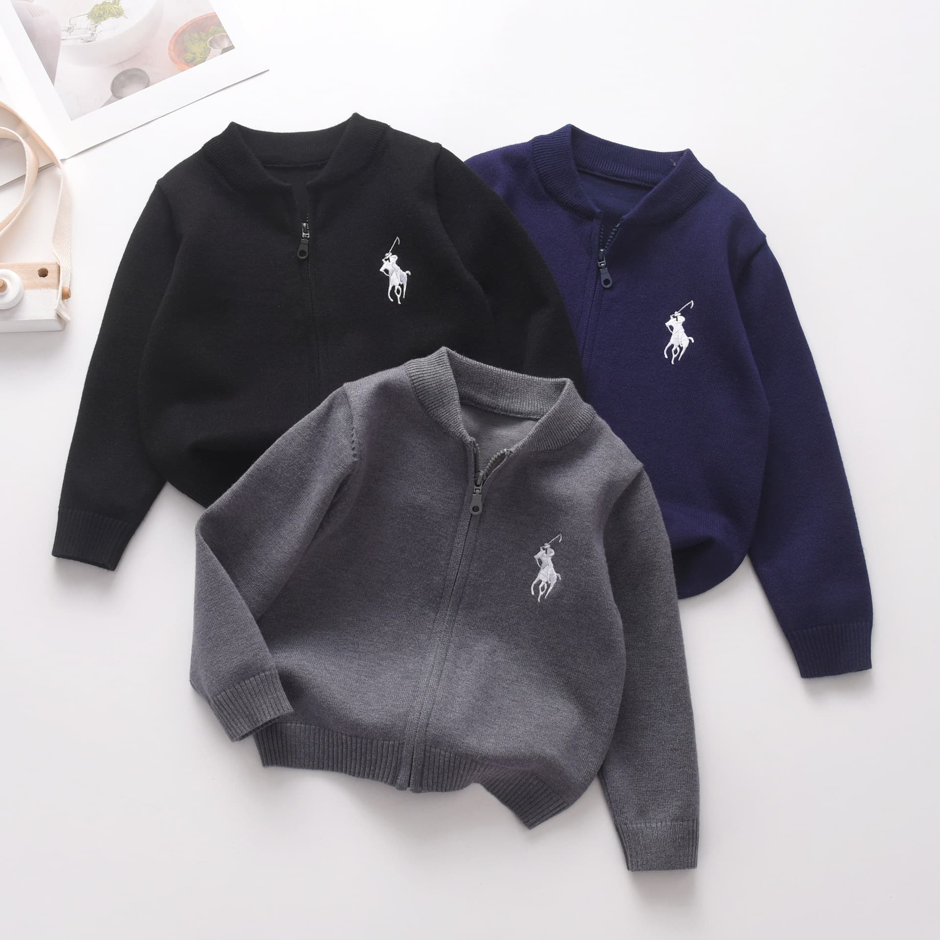 2025 Autumn/Winter New Boys' Knitted Zip-Up Sweater, Versatile Round Neck Cotton Yarn Embroidered Long-Sleeve Coat for Toddlers and Children