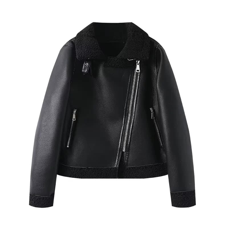 American Style 2024 Winter New Trendy Black Lapel Fur-Lined Leather Jacket for Women Short Moto Biker Coat