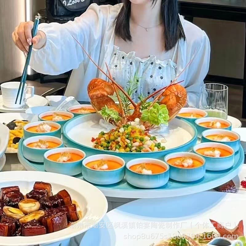 Dragon Soaring Over the Seas Lobster Platter, Creative Ceramic Seafood Set with Dry Ice Effect