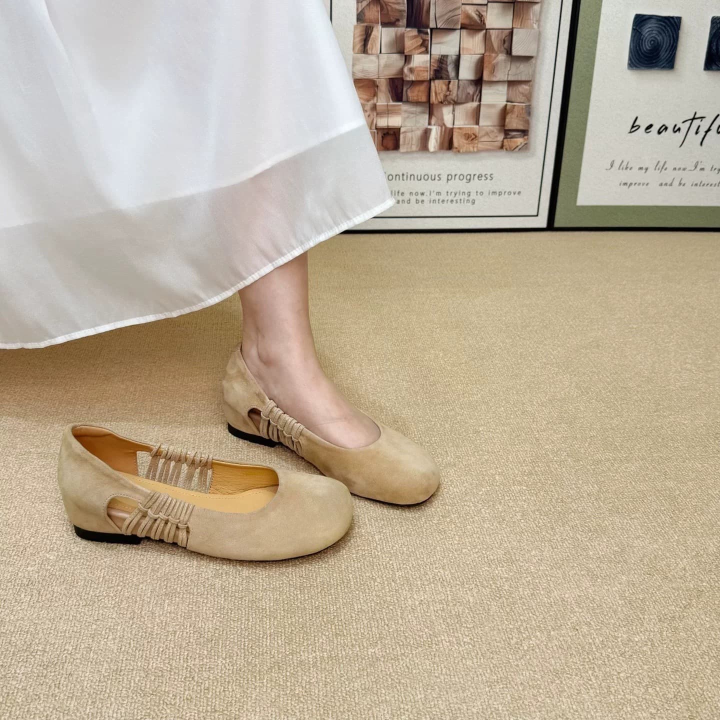 Yumeida French Retro Round-Toe Hollow-Out Shallow-Mouth Single Shoes, New Summer Style, Sheepskin Suede, Height-Increasing Women's Shoes, Apricot and Purple