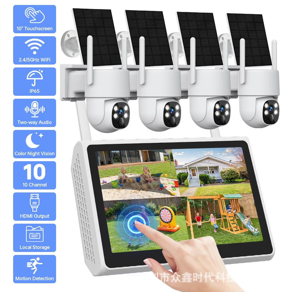 10.1 Inch Touch Screen Solar Security Camera Kit 10-Channel Outdoor Low Power Wireless Kit