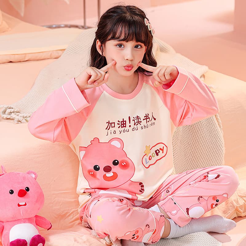 Girls' Pajamas Long-Sleeved Pure Cotton Spring and Autumn New Style Sweet Cartoon Strawberry Bear Middle School Students' Home Clothes Set