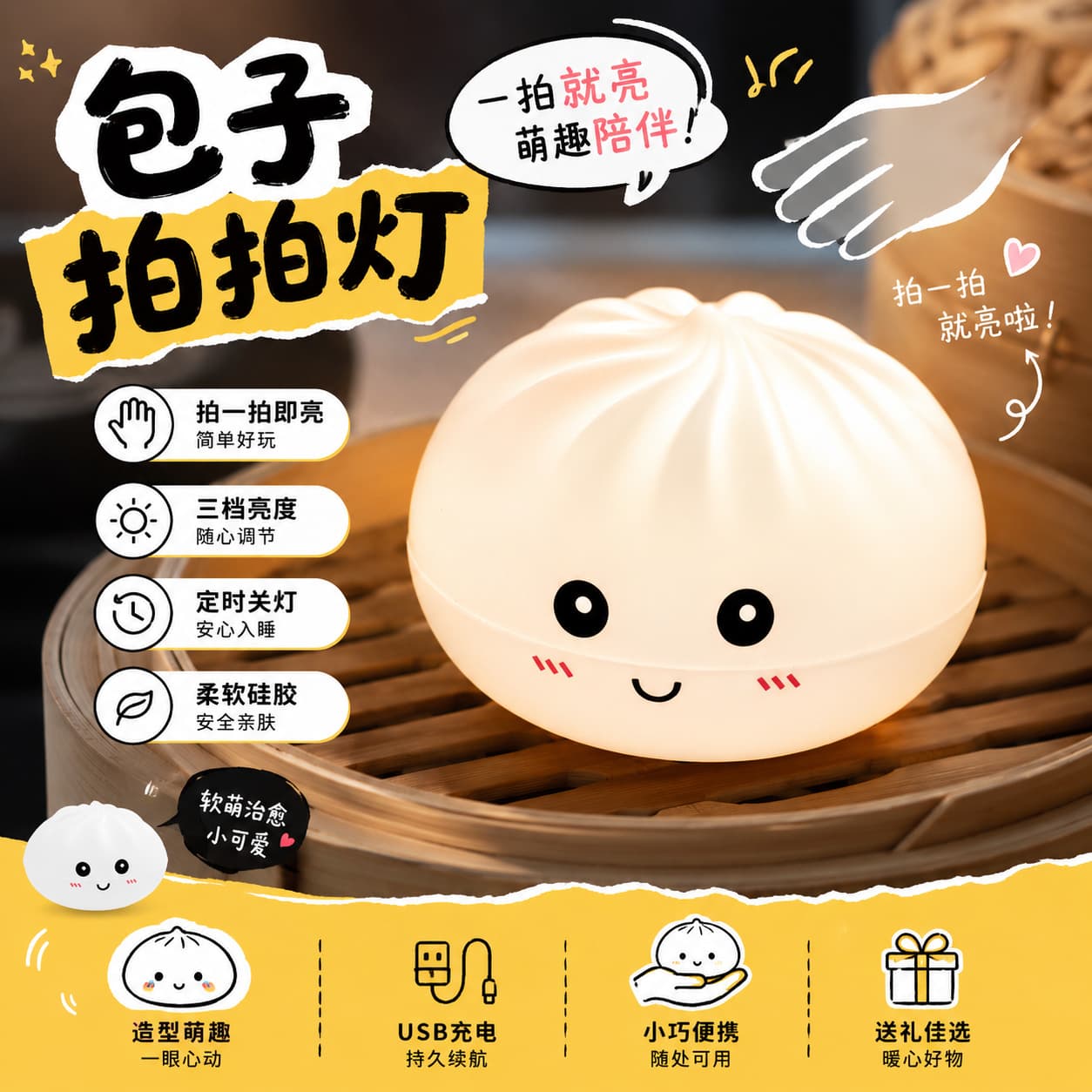 Silicone Steamed Bun Night Light Squeeze Stress Relief Glowing Bun Gift Bedside Companion Hot Selling Cross-Border Stock