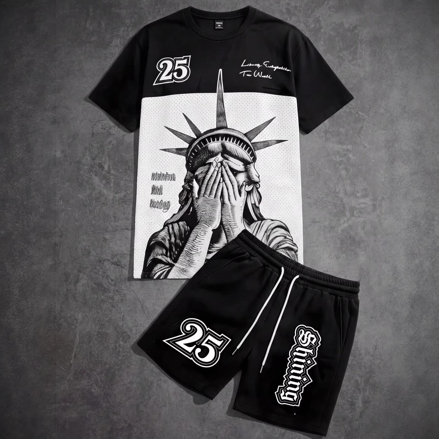 2026 Export Amazon Men's Best-Selling Short Sleeve T-Shirt Set with Letter 3D Digital Print Casual Set