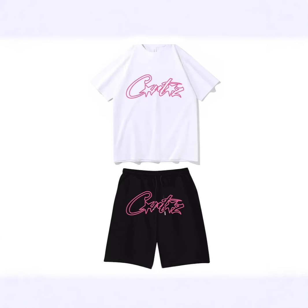 Corteiz Alcatraz rose red letter print European and American cross-border Y2K short-sleeved T-shirt casual shorts suit for men and women