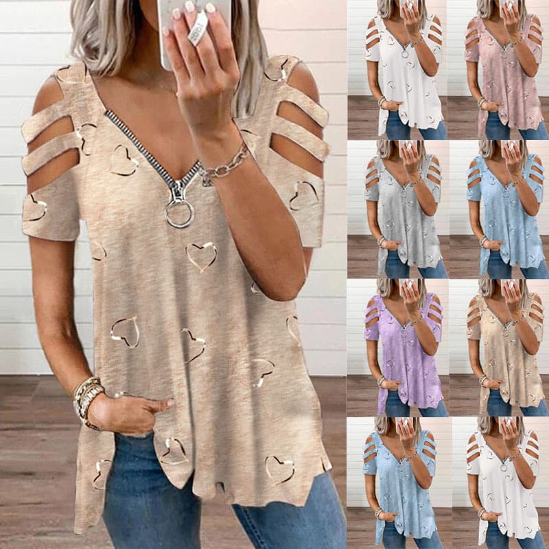 2025 European and American Cross-border Wish Women's Fashion V-Neck Zipper Print Short Sleeve Loose Casual T-Shirt Top