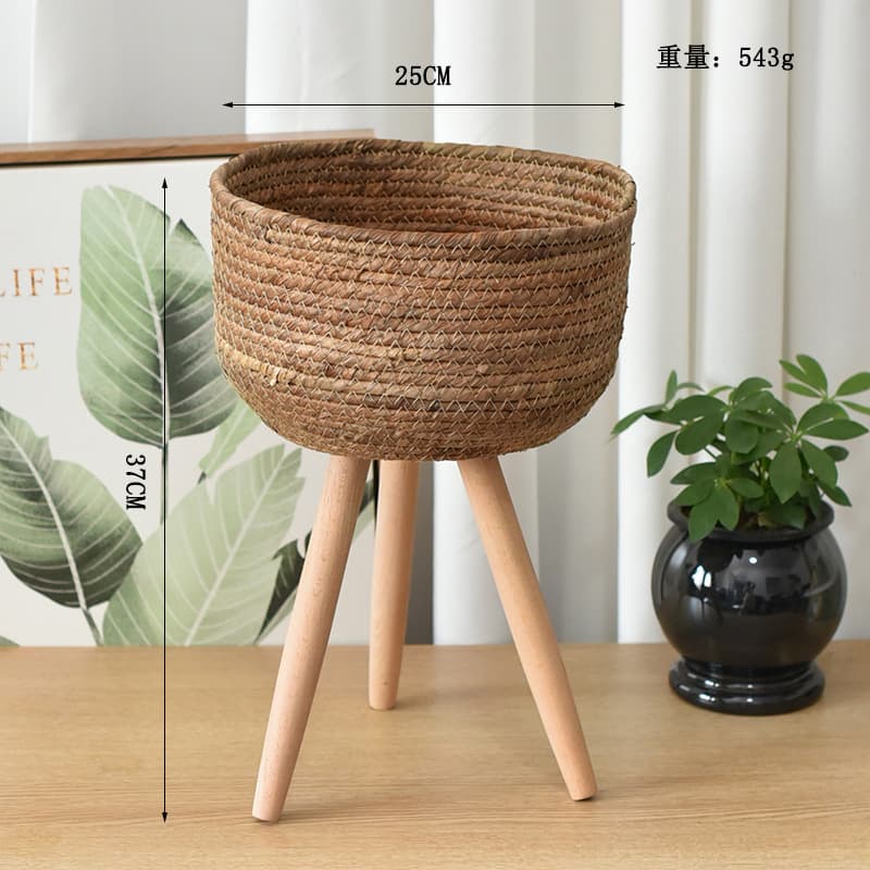 Nordic Style Living Room Flower Basket Flower Stand Decorative Woven Rattan Flower Pot Balcony Woven Basket Grass Woven Ornament with Waterproof Inner Liner