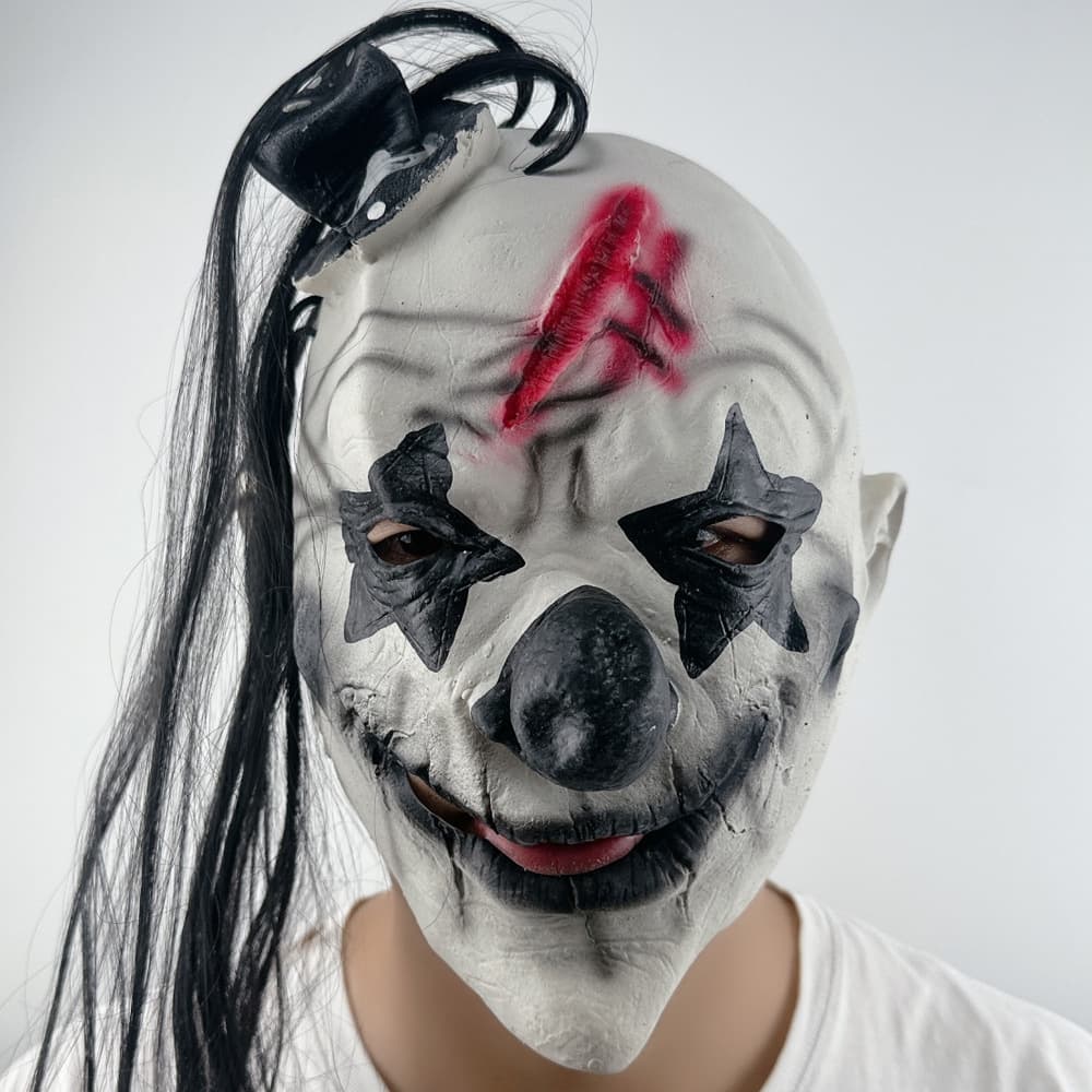 Halloween Black and White Horror Clown Mask Demon Bloody Mouth Movie Performance Prop with Hair Headpiece Party Funny