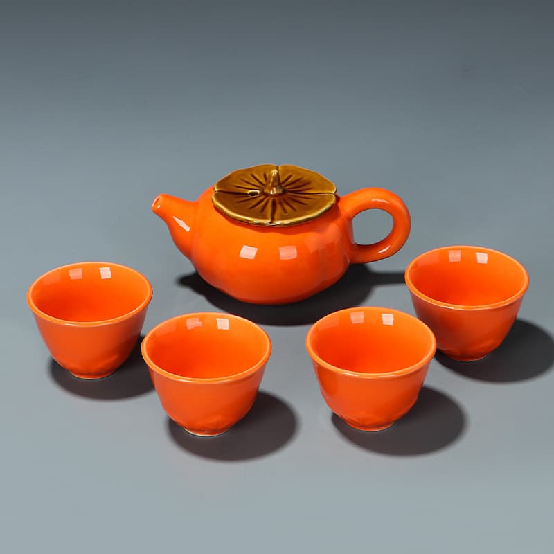 Persimmon Tea Set Gift Box with Persimmon Teapot and Teacups, Auspicious Wedding Text Souvenir, Factory Wholesale