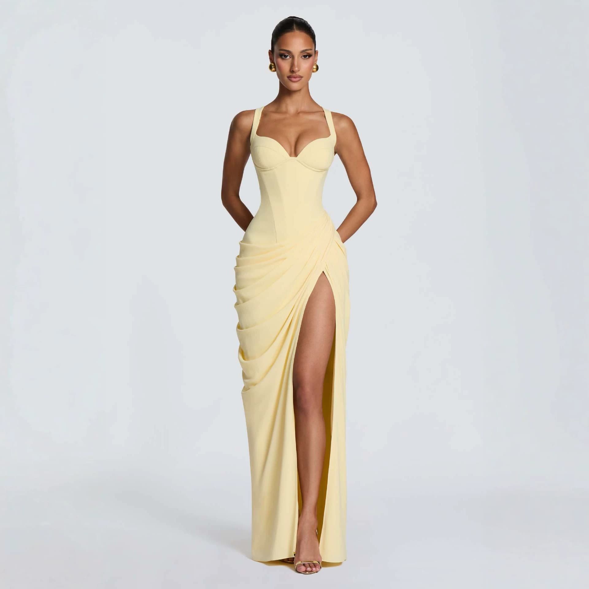 2026 European and American New Asymmetrical Pleated Sexy High Slit French Camisole Pleated Slit Dress