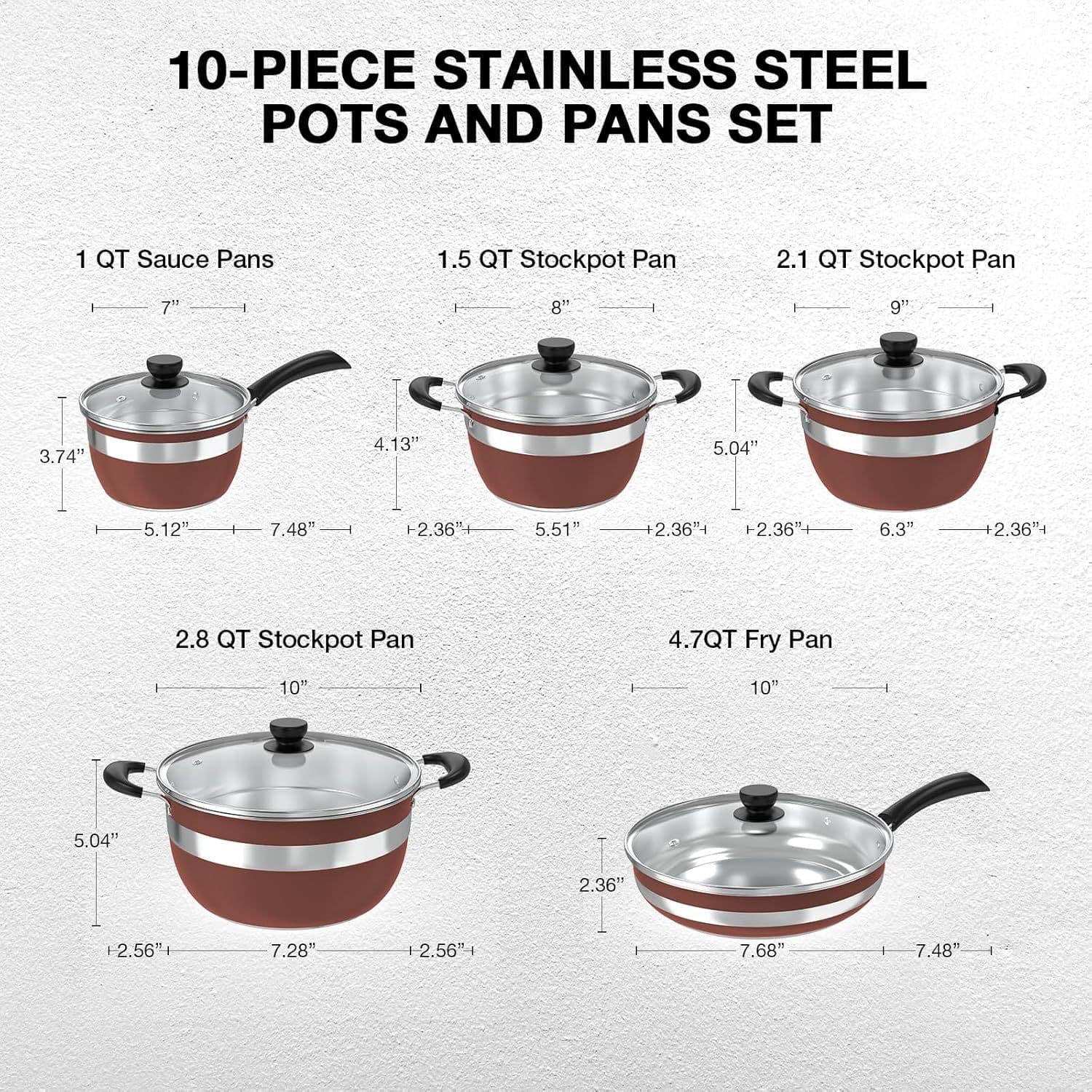 Stainless steel cookware set 10 piece pot with tempered glass lid and stay cool handles dishwasher safe