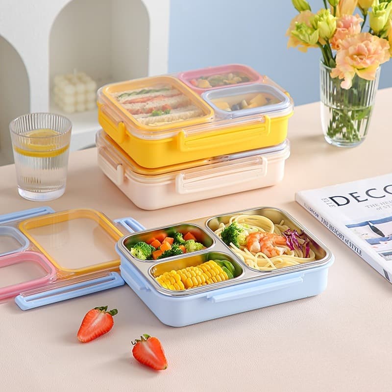 Simple Student 304 Stainless Steel Compartment Lunch Box Office Worker Cafeteria Takeaway Bento Box Fruit Container