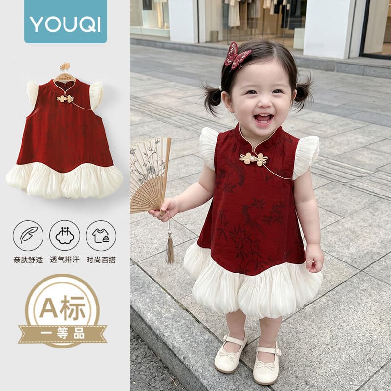 Youqi baby dress Chinese style summer hundred days catching Zhou Guofeng 26th red birthday baby princess dress gauze skirt
