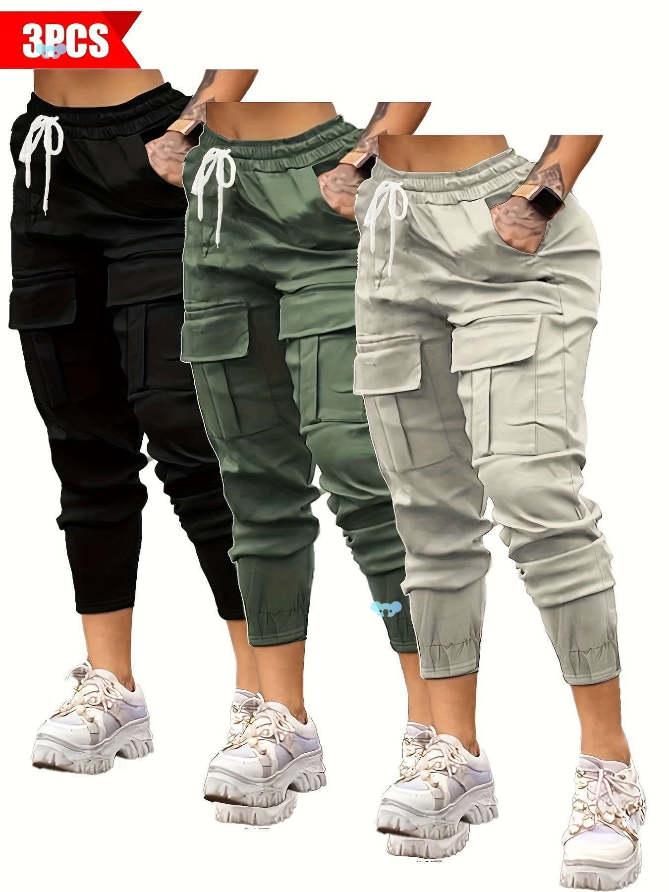 3-Pack Women's Casual Cargo Pants - Solid Color, Polyester