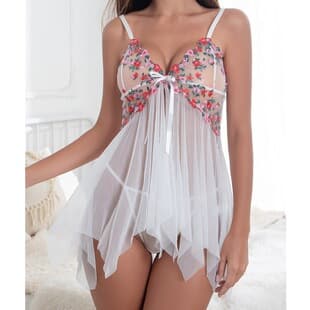 New European and American Export Sexy Lingerie Embroidered Flower Suspender Dress Irregular Hem Sleepwear