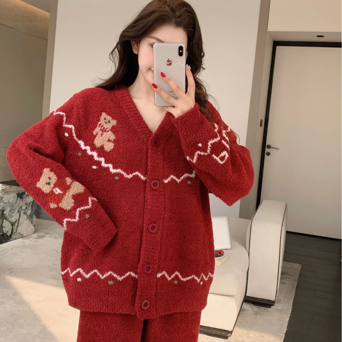 Zodiac Year Autumn and Winter Soft Fluffy Red New Cartoon Bear Pajamas Homewear Thickened Cardigan Can Be Worn Outside Set