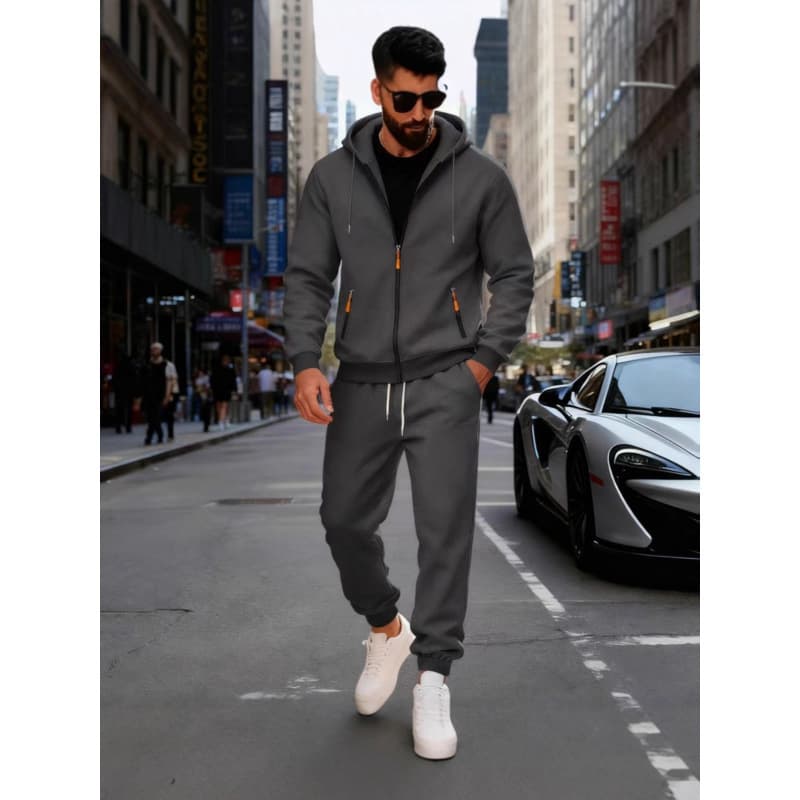 Fashion Men's Solid Color Hoodie Set Casual Trendy Multi-Pocket Hoodie and Sweatpants