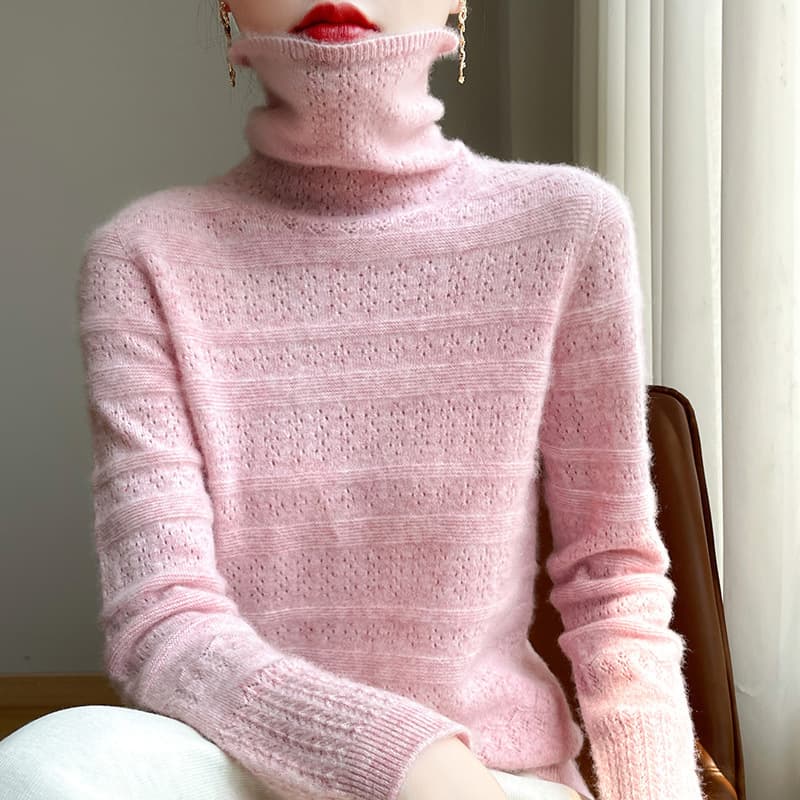 Cross-border 2024 Fall/Winter New Arrival One-Piece Knit Roll Neck Hollow Out Loose Pullover Sweater for Women