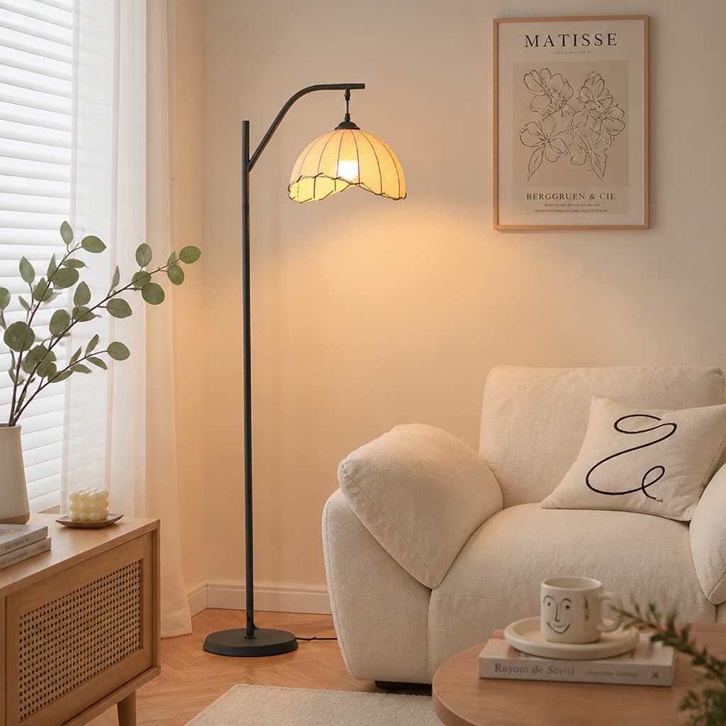 Medieval fabric curved pole floor lamp living room sofa ambient floor lamp bedroom bedside soft light reading floor lamp