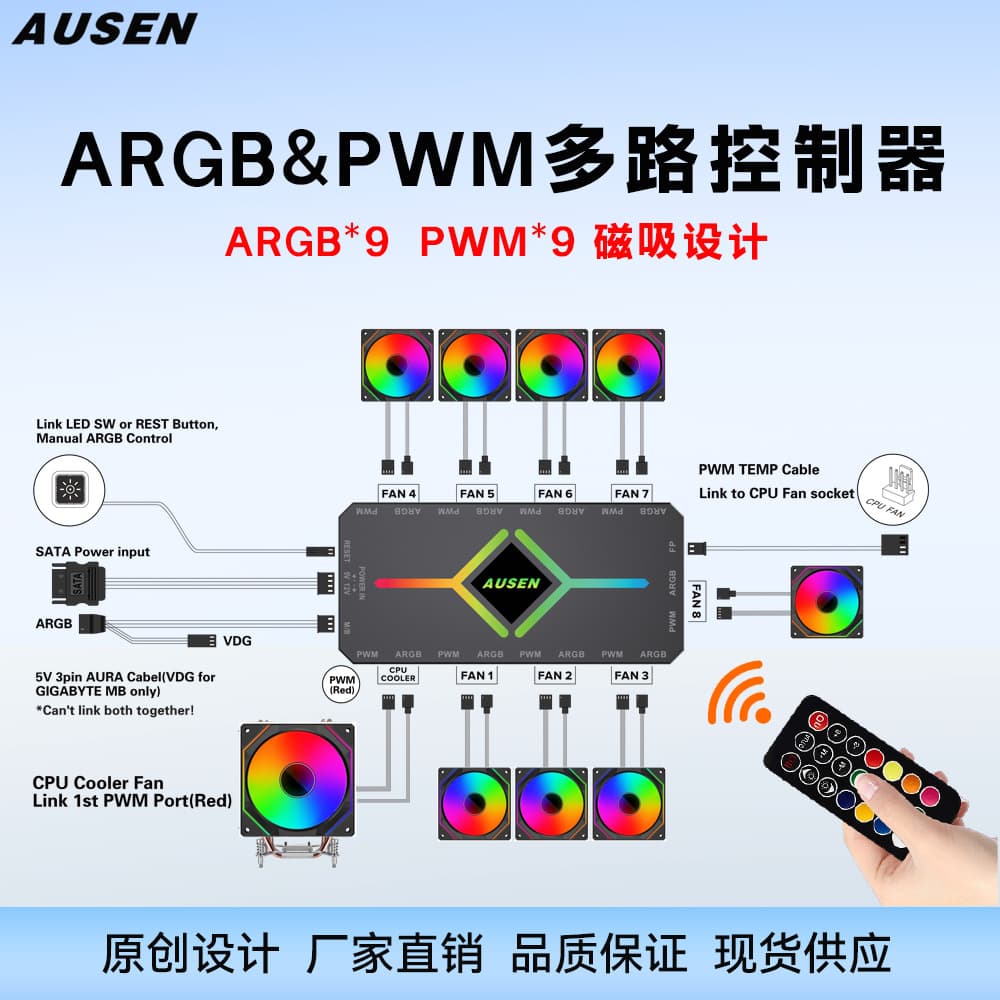 AUSEN ARGB Shenguang synchronous controller PWM temperature control two-in-one wireless remote control HU magnetic hub