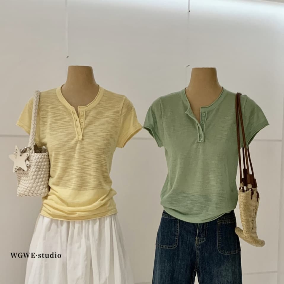 WGWE10198 Summer New Women's Clothing Guangzhou Thirteen Hongs Korean Round Neck Button Slim Fit Short Sleeve Knit Top