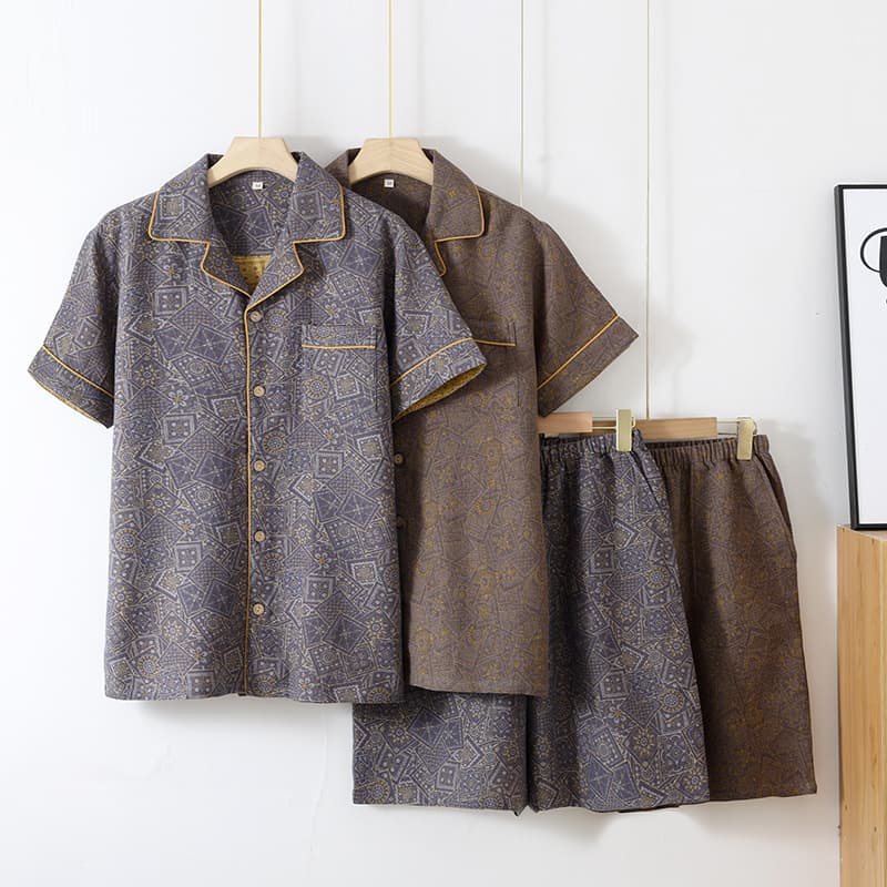 New Men's Cotton Yarn-Dyed Gauze Summer Short-Sleeve Shorts Pajamas, Thin Cotton Washable Cotton Outerwear Home Clothes