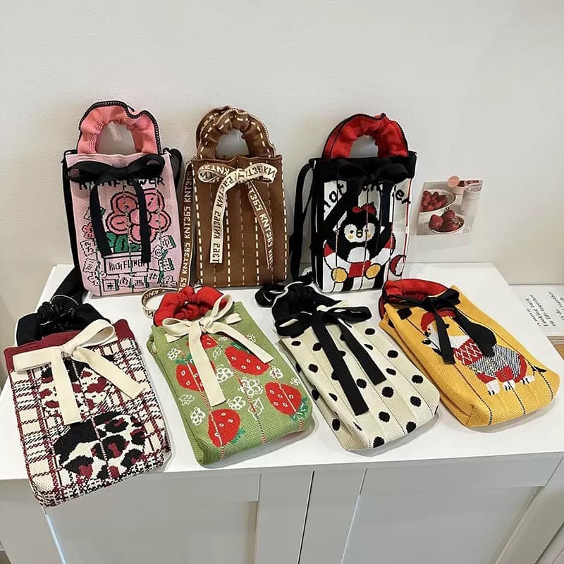 Cute Cat Knitted Handbag Tote Bag Yarn Woven Cat Phone Bag Diaper Bag Kids Bag Key